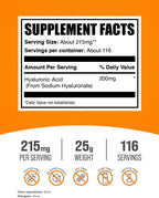 BulkSupplements.com Hyaluronic Acid Powder - as Sodium Hyaluronate, Dietary Supplement, Food Grade, Gluten Free - 215mg per Serving, 25g (0.88 oz) (1 Pack)