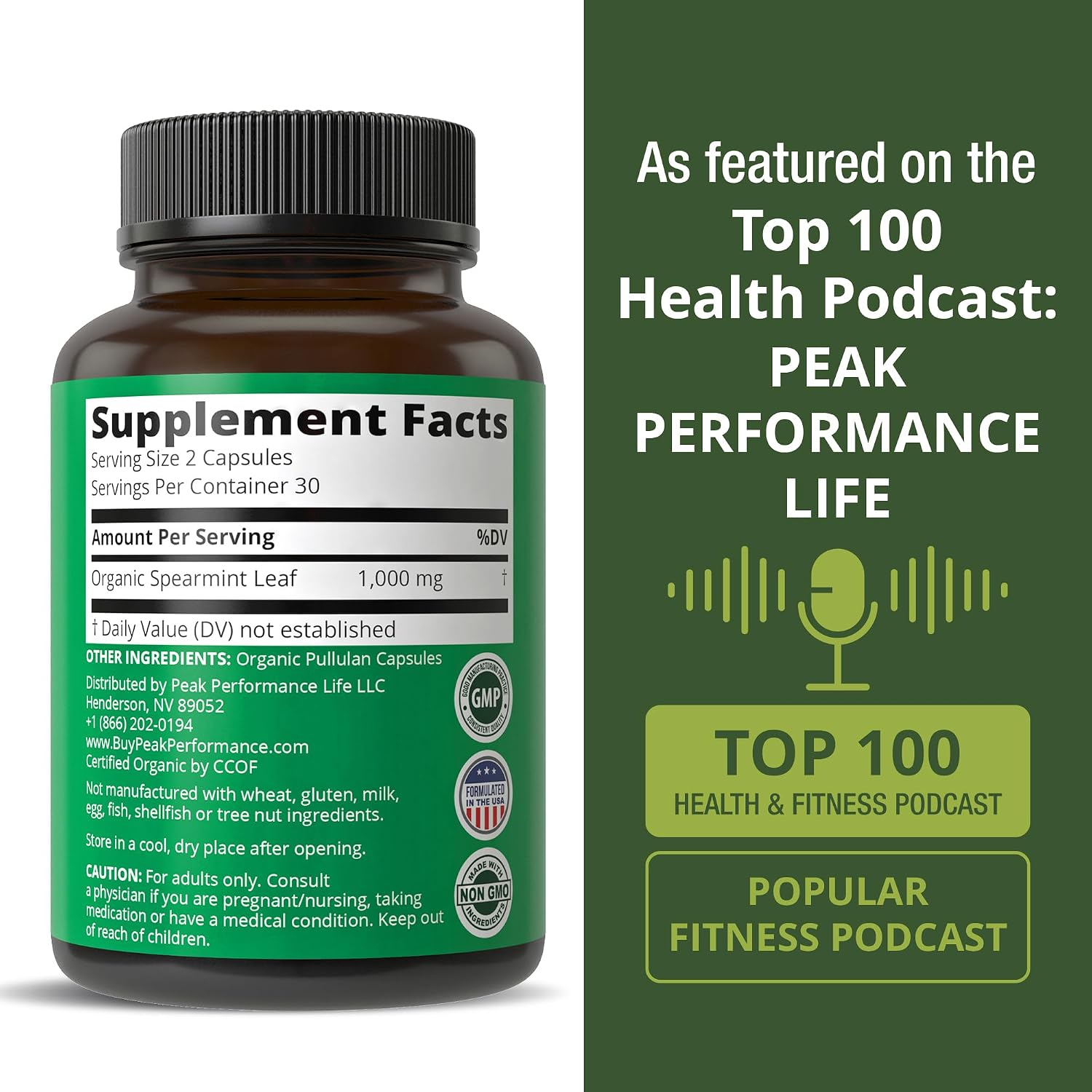 Peak Performance Cápsulas de Menta Verde Orgánicas USDA