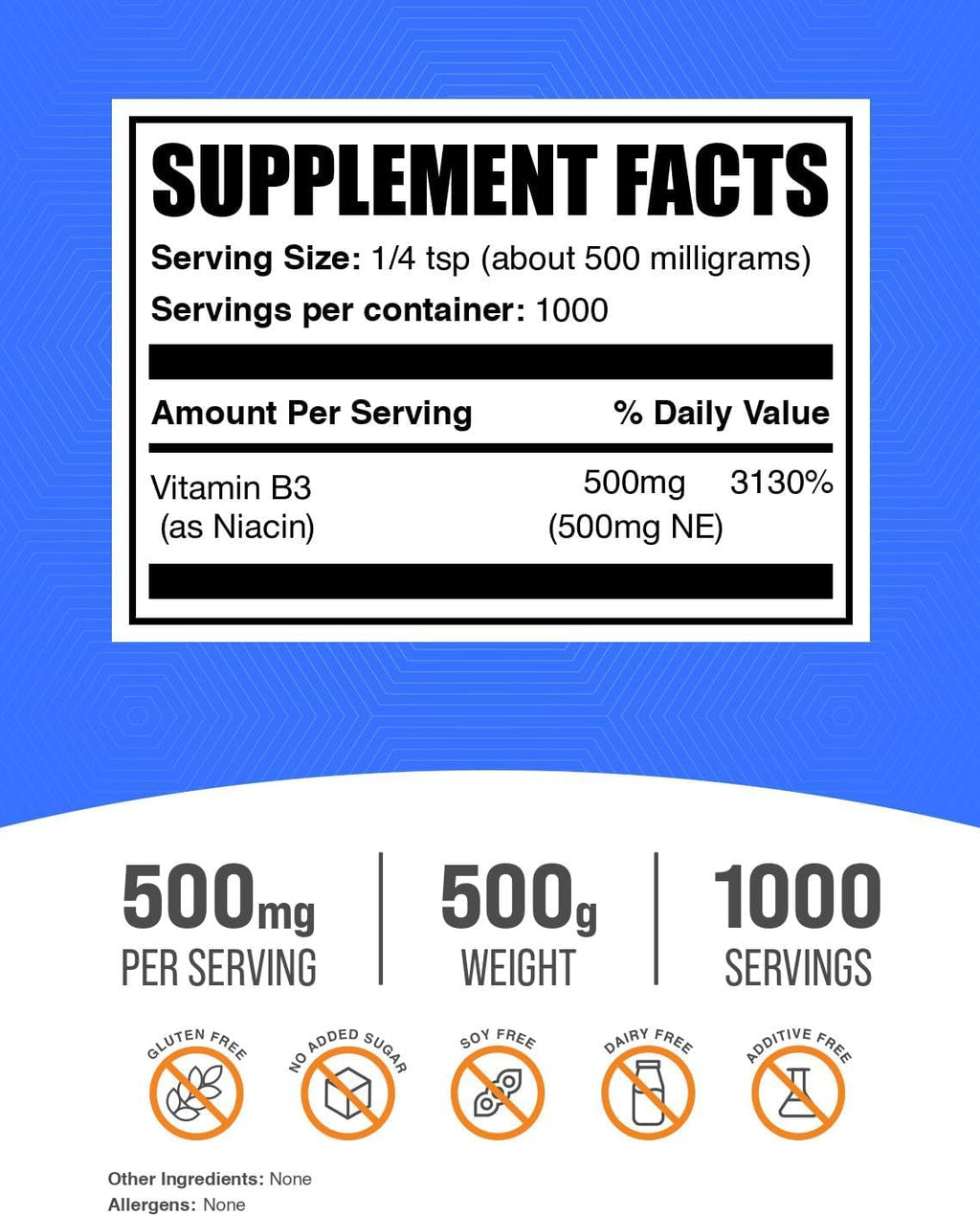 BulkSupplements Niacin Powder 500mg - Vitamin B3 Supplement - 500g