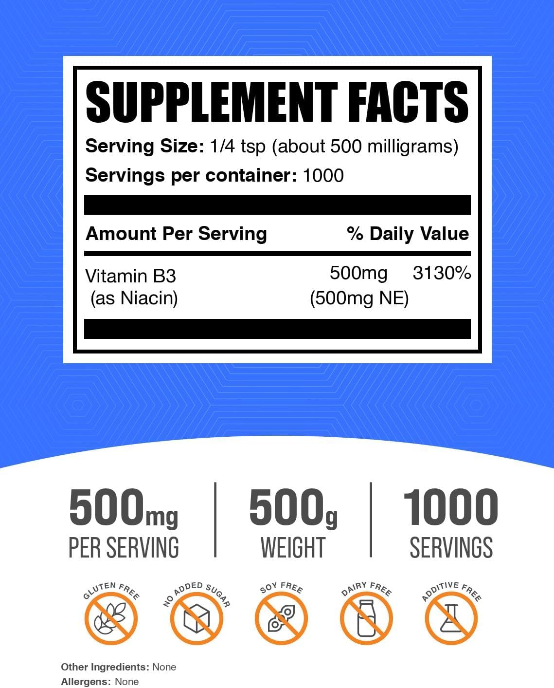 BulkSupplements Niacin Powder 500mg - Vitamin B3 Supplement - 500g