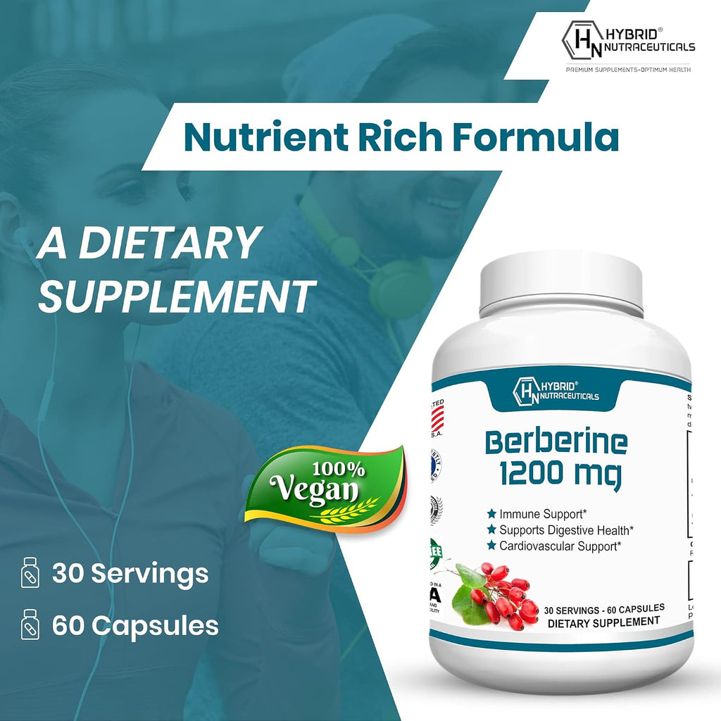 Berberina 1200mg – Fórmula Concentrada de Berberina HCl – 60 Cápsulas – Hybrid Nutraceuticals