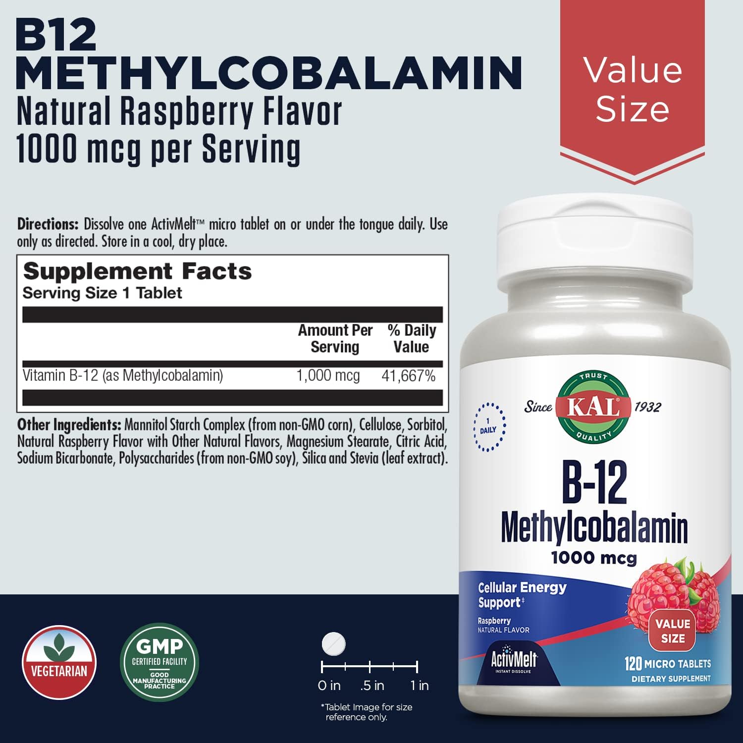 KAL Vitamina B12 Metilcobalamina 1000mcg - 120 Micro Comprimidos ActivMelt