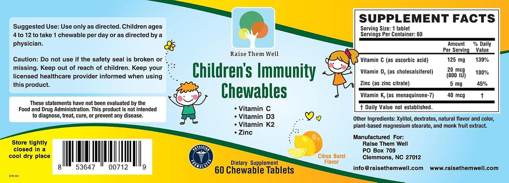 Raise Them Well Kids Vitamin C & Immune Support, Comprimidos masticables de cítricos para niños, 60 unidades