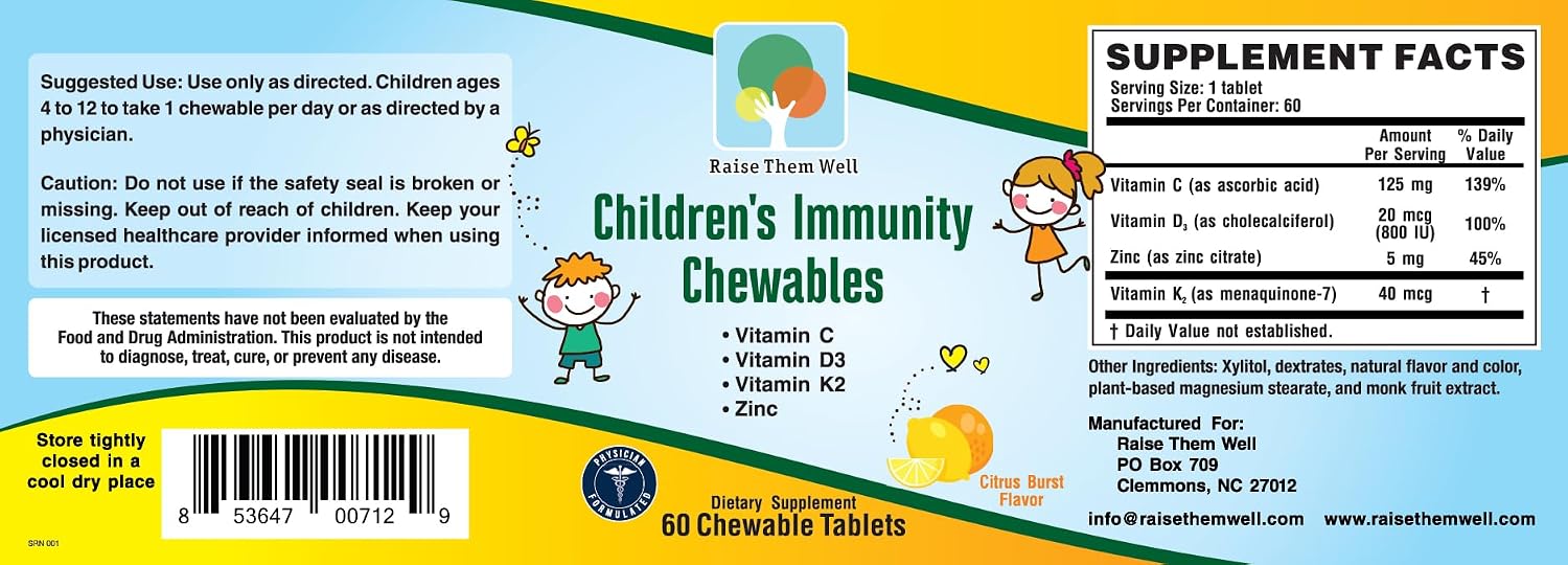Raise Them Well Kids Vitamin C & Immune Support, Comprimidos masticables de cítricos para niños, 60 unidades