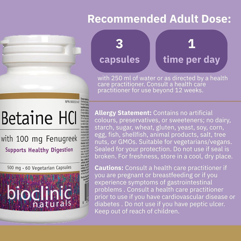 Bioclinic Naturals Betaine HCL con Fenogreco 60 Cápsulas Vegetales