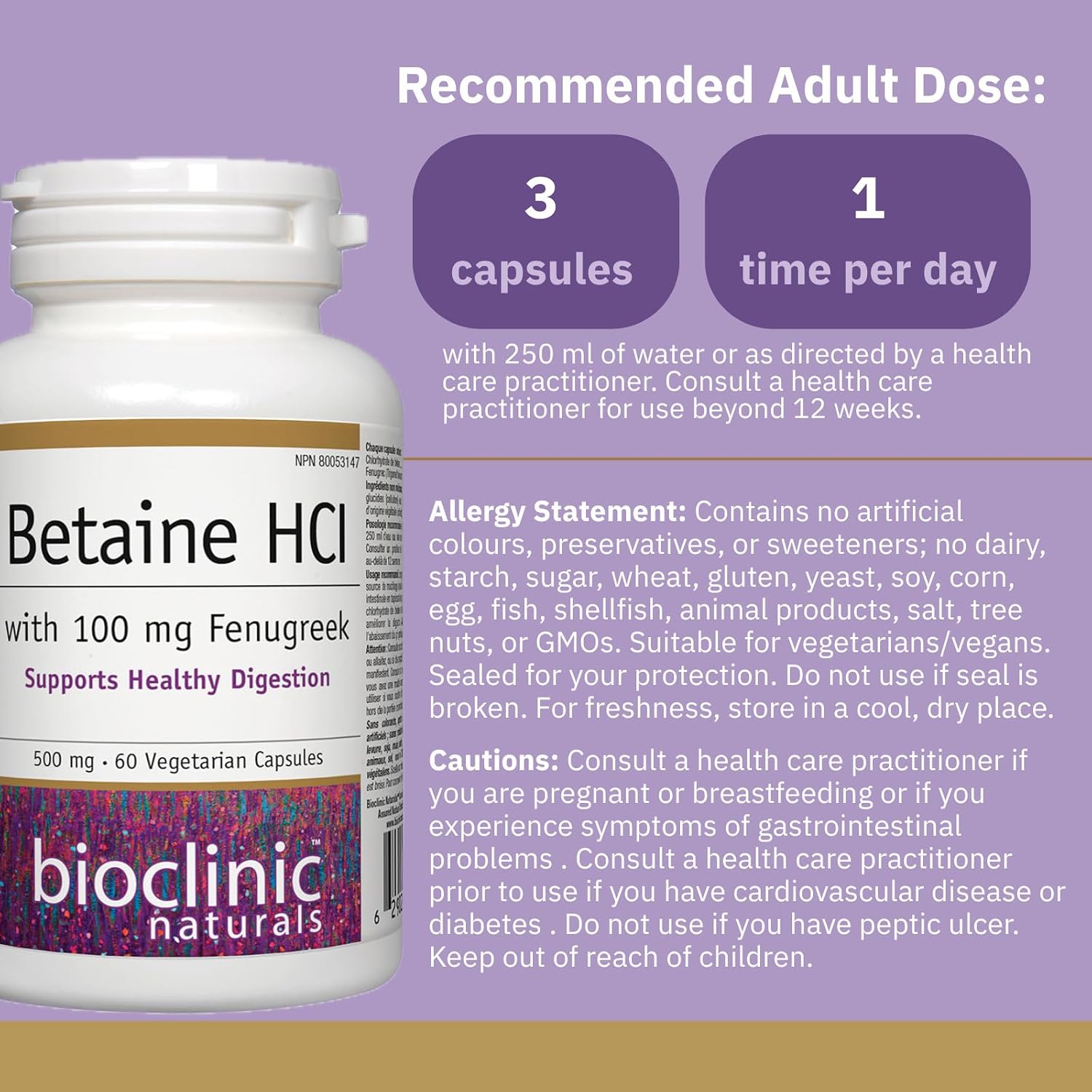 Bioclinic Naturals Betaine HCL con Fenogreco 60 Cápsulas Vegetales