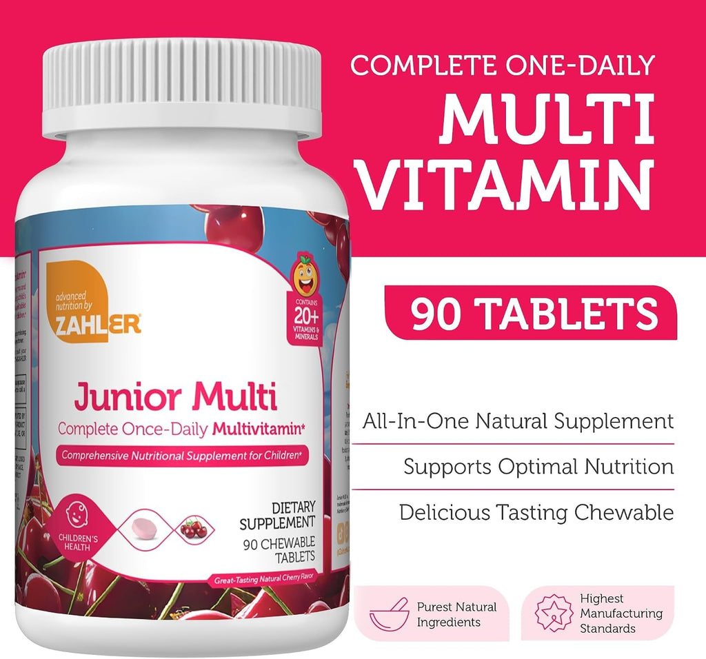 Zahler Junior Multi - Complete Children's Multivitamin - 23 Vitamins & Minerals - Kosher, Non-GMO & Gluten Free - Cherry, 90 Chewable Tablets