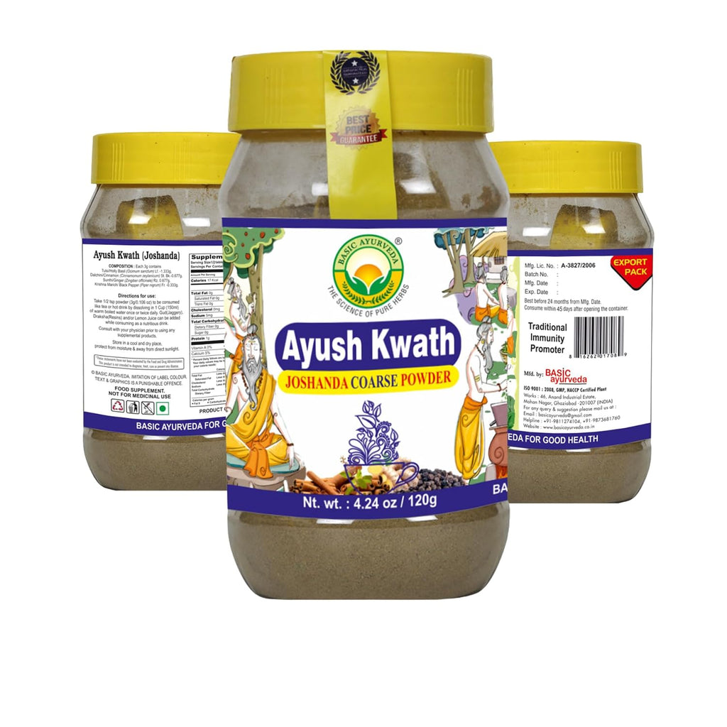 BASIC AYURVEDA Kwath Kadha Polvo Ayurvédico - Mezcla de Especias con Canela, Jengibre y Albahaca Santa - Infusión Herbal Orgánica - 120g