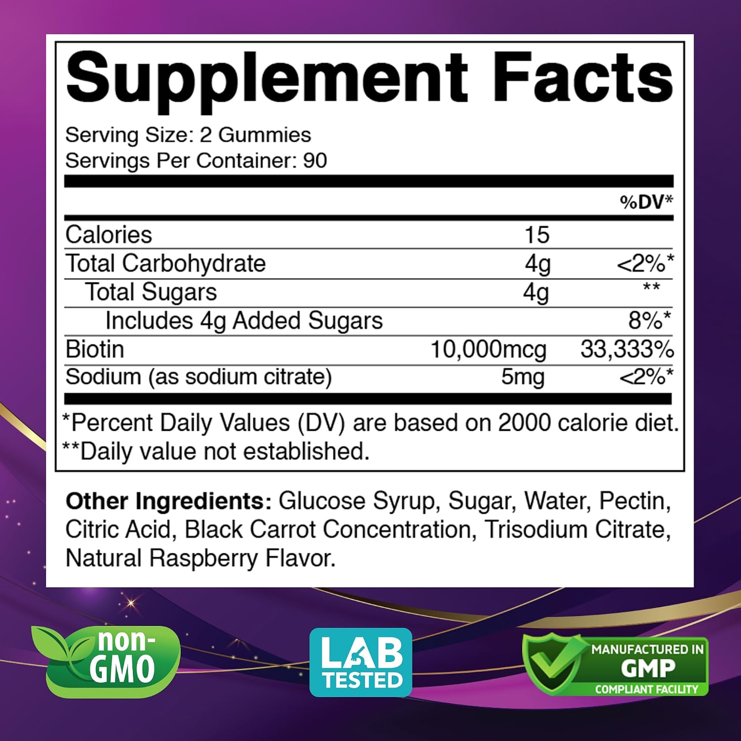 Vitabod Gominolas de Biotina 10,000 mcg – 180 Gominolas Veganas para Cabello, Piel y Uñas – Sin OGM, Sin Gluten, Sabor Frambuesa