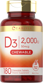 Carlyle Vitamina D3 Masticable 2000 UI (50 mcg) - 180 Comprimidos - Sabor Bayas - Vegetariano y Sin Gluten