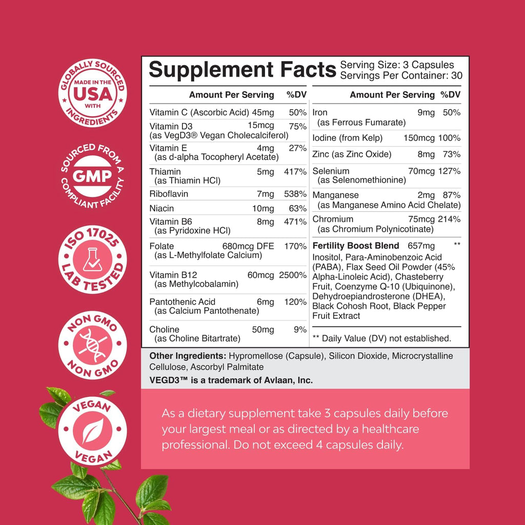 Suplementos de Fertilidad para Mujeres con Inositol y Ácido Fólico - Vitaminas Preconceptivas para el Equilibrio Hormonal con L-metilfolato, B12, Vitamina D3, Yodo, Selenio, Zinc y CoQ10 - 90 Cápsulas