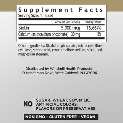 Windmill Natural Vitamins Biotin 5000 mcg, – El funcionamiento normal del sistema nervioso. – Image 2