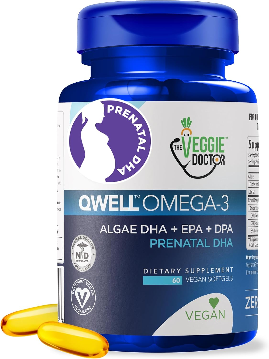 Vitaminas prenatales veganas con DHA y EPA (60 cápsulas) - Suplemento de algas con vitamina E, sin carragenina