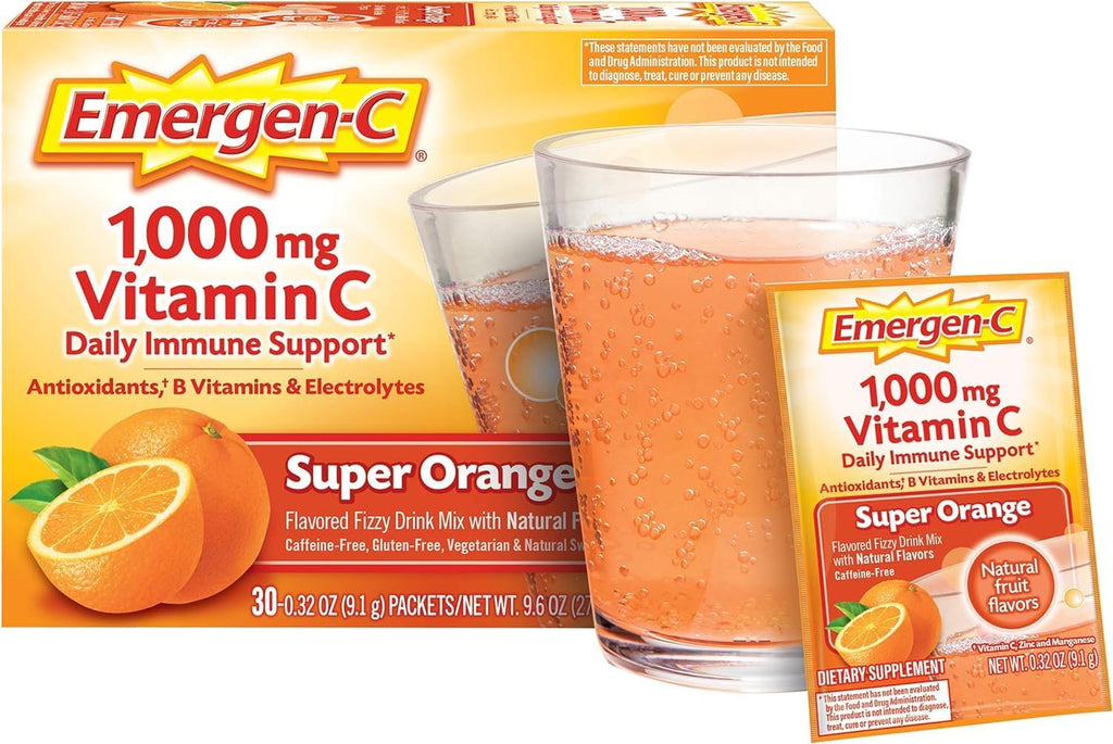 Emergen-C 1000 mg Vitamina C en Polvo Sabor Naranja Super, 30 Sobres