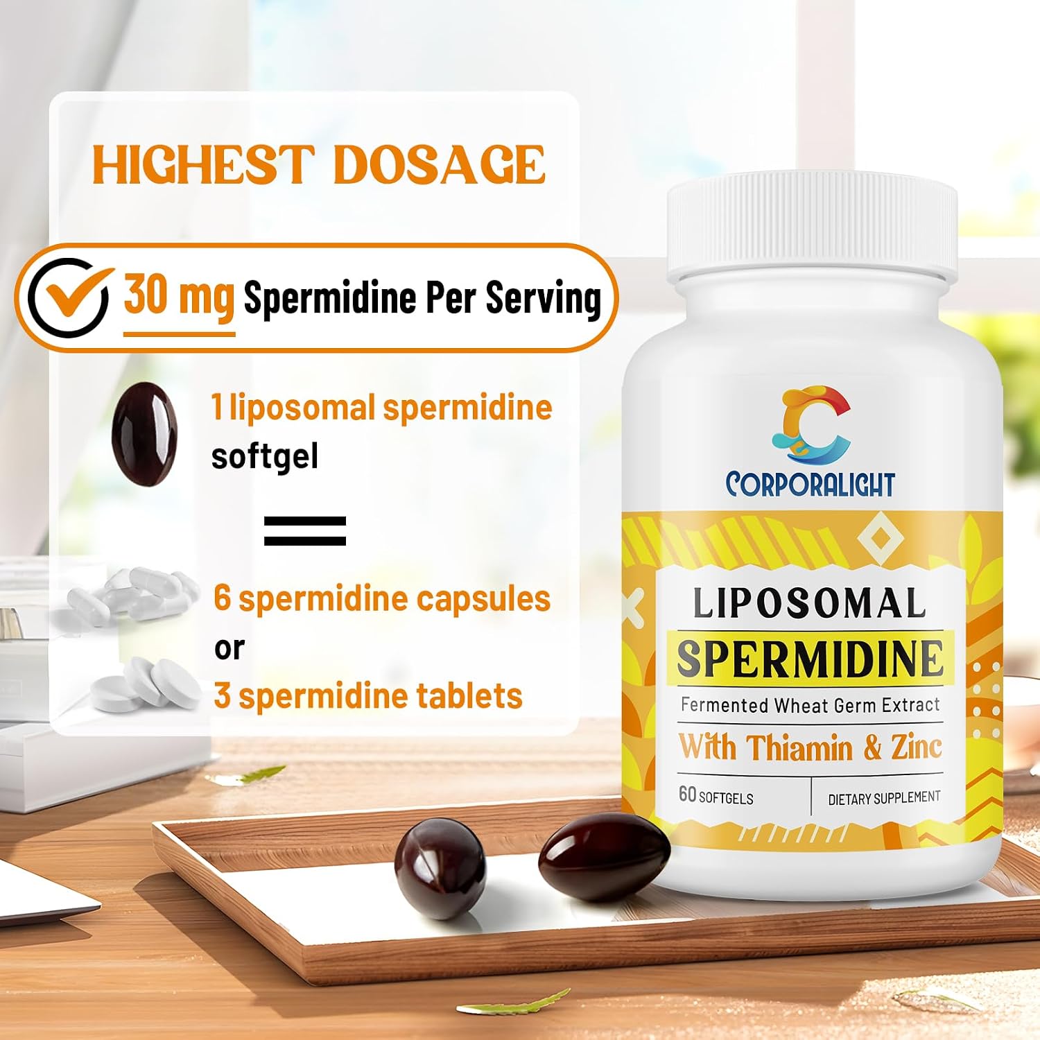 CORPORALIGHT Espermidina 30mg - Suplemento Liposomal de Alta Absorción con Zinc y Tiamina - 120 Cápsulas Blandas
