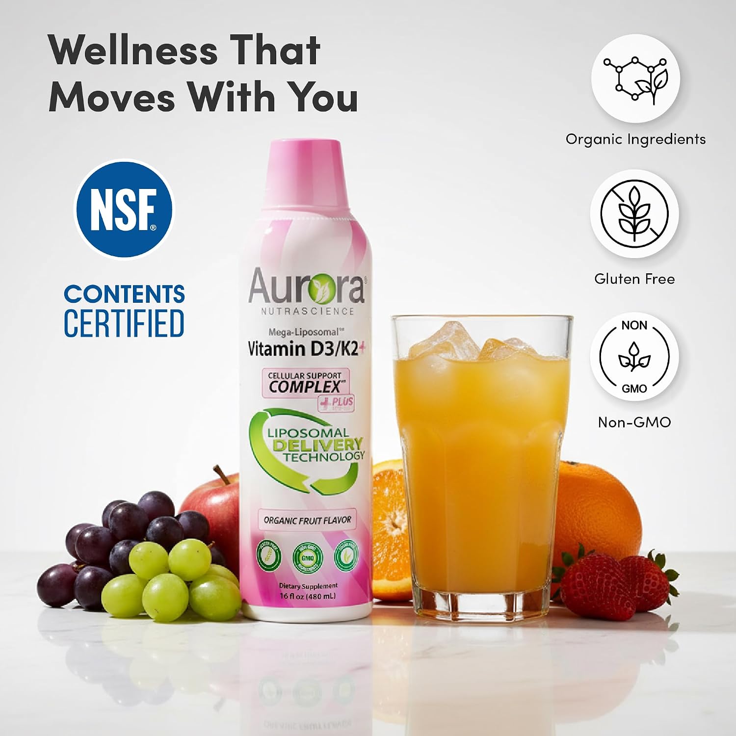 Mega-Liposomal Vitamina D3/K2+ con Vitamina C, Sabor Fresa, 32 Dosis (473 ml)