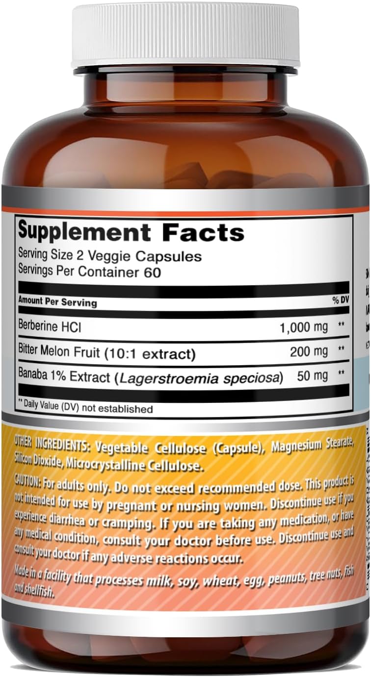Amazing Formulas Berberine con Melón Amargo y Extracto de Banaba | 1250 mg por dosis | 120 Cápsulas Veganas