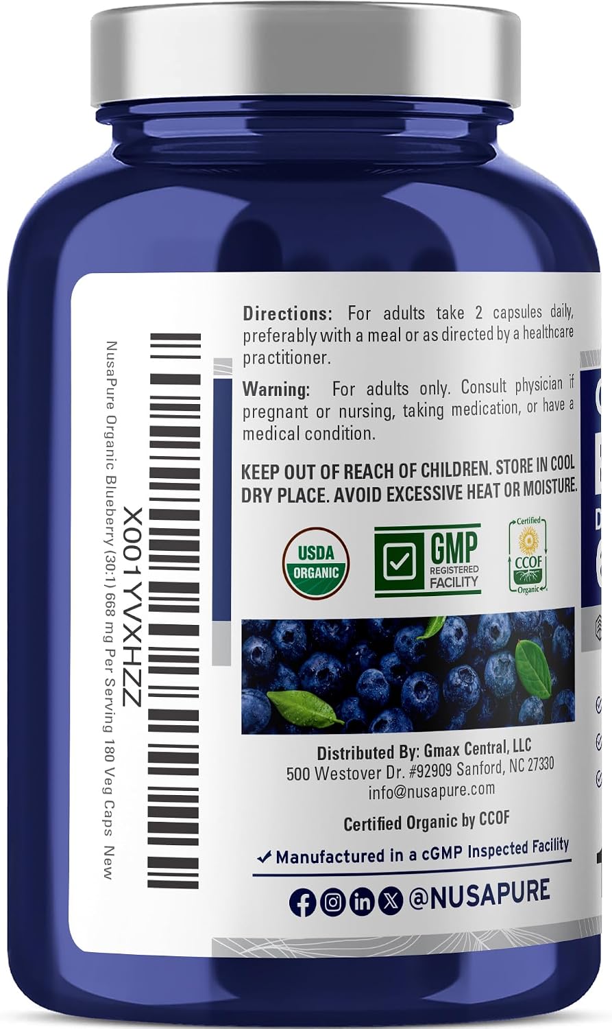 NusaPure Cápsulas de Arándano Orgánico, 668 mg, 180 Cápsulas Vegetales (No-GMO, Vegano, USDA)