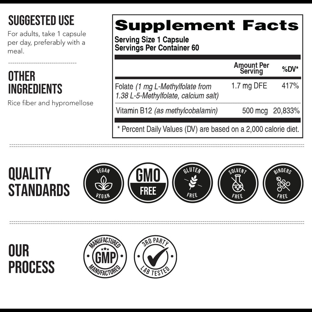 L-Metilfolato 1000 mcg más Metil B12 Cofactor – Forma Activa 5-MTHF – Apoya el Estado de Ánimo, la Metilación y la Cognición – Vitaminas B9 y B12 Altamente Biodisponibles (60 Cápsulas – 60 Porciones)