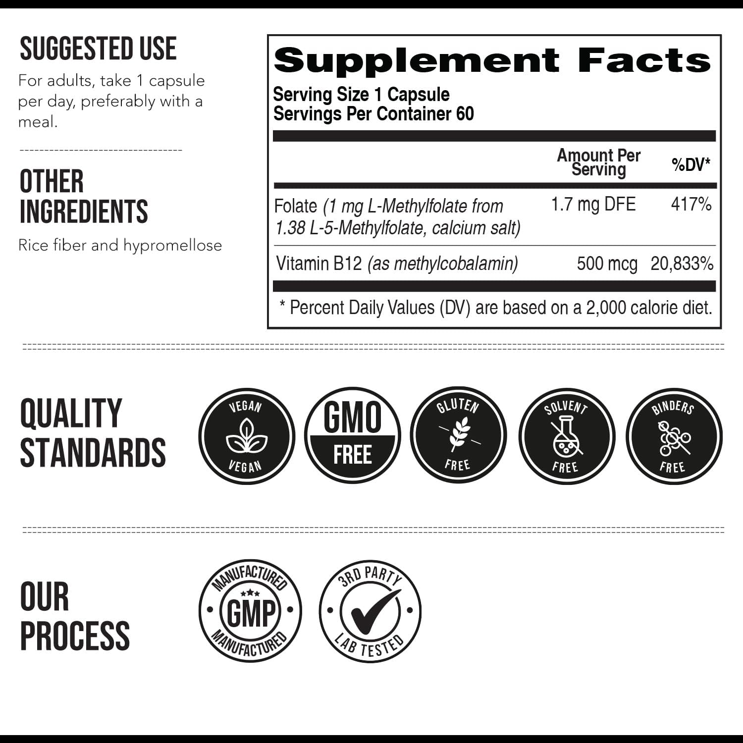 L-Metilfolato 1000 mcg más Metil B12 Cofactor – Forma Activa 5-MTHF – Apoya el Estado de Ánimo, la Metilación y la Cognición – Vitaminas B9 y B12 Altamente Biodisponibles (60 Cápsulas – 60 Porciones)