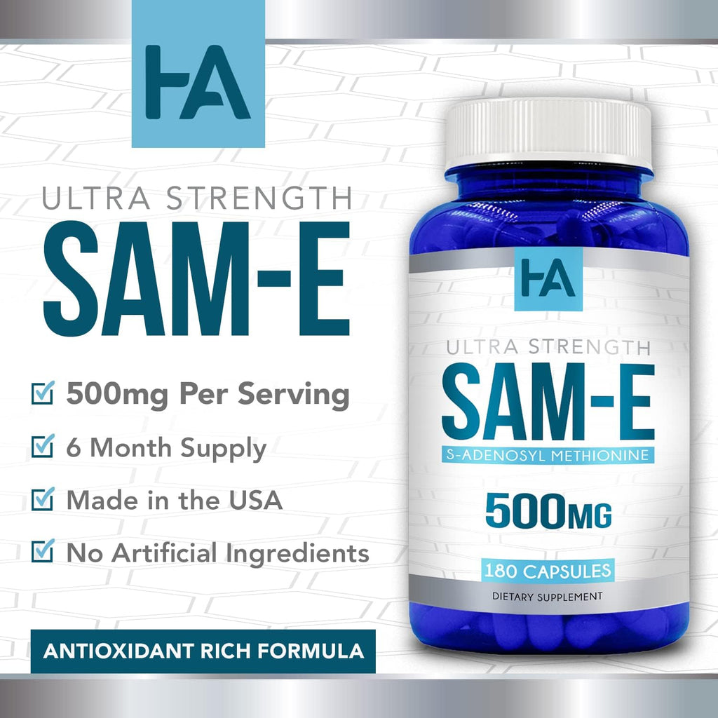 High Strength 500mg SAM E Supplement | S-Adenosyl Methionine Same Supplement for Bone Joint & Mood Support for Men and Women | Vegan Non-GMO & Made in US cGMP Labs (180 Veggie Capsules)