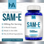 High Strength 500mg SAM E Supplement | S-Adenosyl Methionine Same Supplement for Bone Joint & Mood Support for Men and Women | Vegan Non-GMO & Made in US cGMP Labs (180 Veggie Capsules)