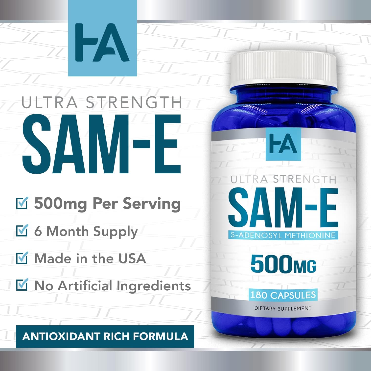 High Strength 500mg SAM E Supplement | S-Adenosyl Methionine Same Supplement for Bone Joint & Mood Support for Men and Women | Vegan Non-GMO & Made in US cGMP Labs (180 Veggie Capsules)