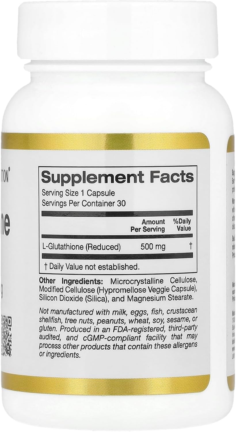 California Gold Nutrition L-Glutathione (Reduced), 500 mg, 30 Cápsulas Veganas