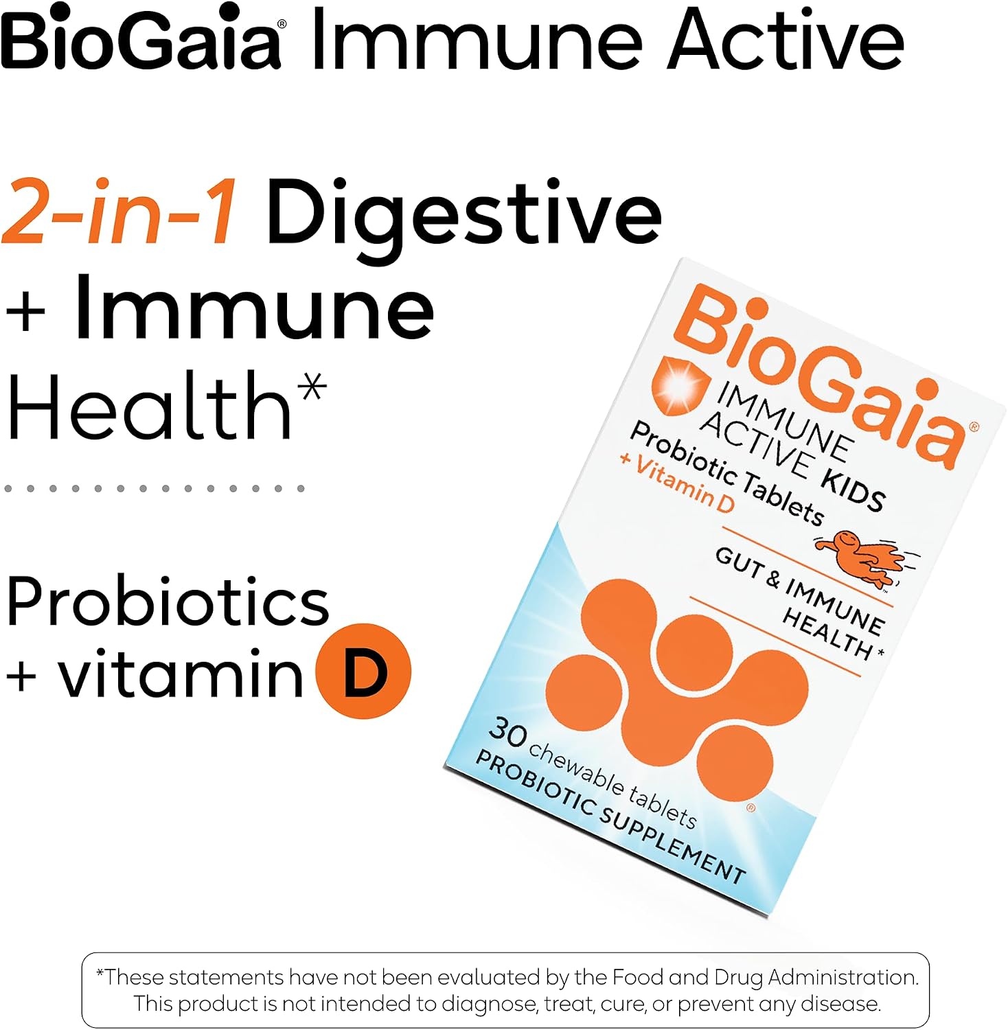 BioGaia Immune Active Kids - Probiótico + Vitamina D - Masticable Naranja - 30 Días