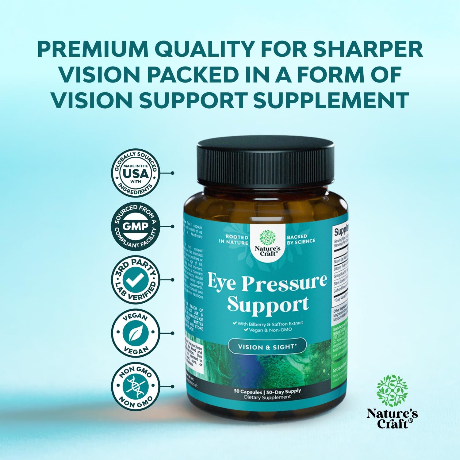 Natures Craft Eye Pressure Support con extracto de arándano - Suplemento vegano para la salud ocular - 30 cápsulas