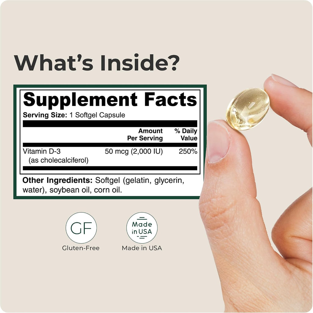 Vitamina D3 2000 UI – 100 Cápsulas Blandas Sin Gluten