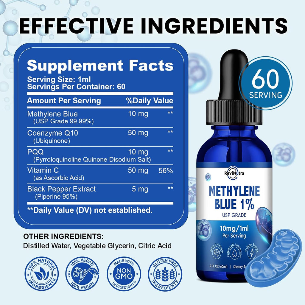 Gotas de Azul de Metileno, Grado Farmacéutico para Humanos, Suplemento Líquido para la Salud Cerebral con PQQ, CoQ10, Vitamina C, Extracto de Pimienta Negra para Apoyo Cognitivo, Grado USP 1%, 60 ml