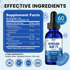 Gotas de Azul de Metileno, Grado Farmacéutico para Humanos, Suplemento Líquido para la Salud Cerebral con PQQ, CoQ10, Vitamina C, Extracto de Pimienta Negra para Apoyo Cognitivo, Grado USP 1%, 60 ml