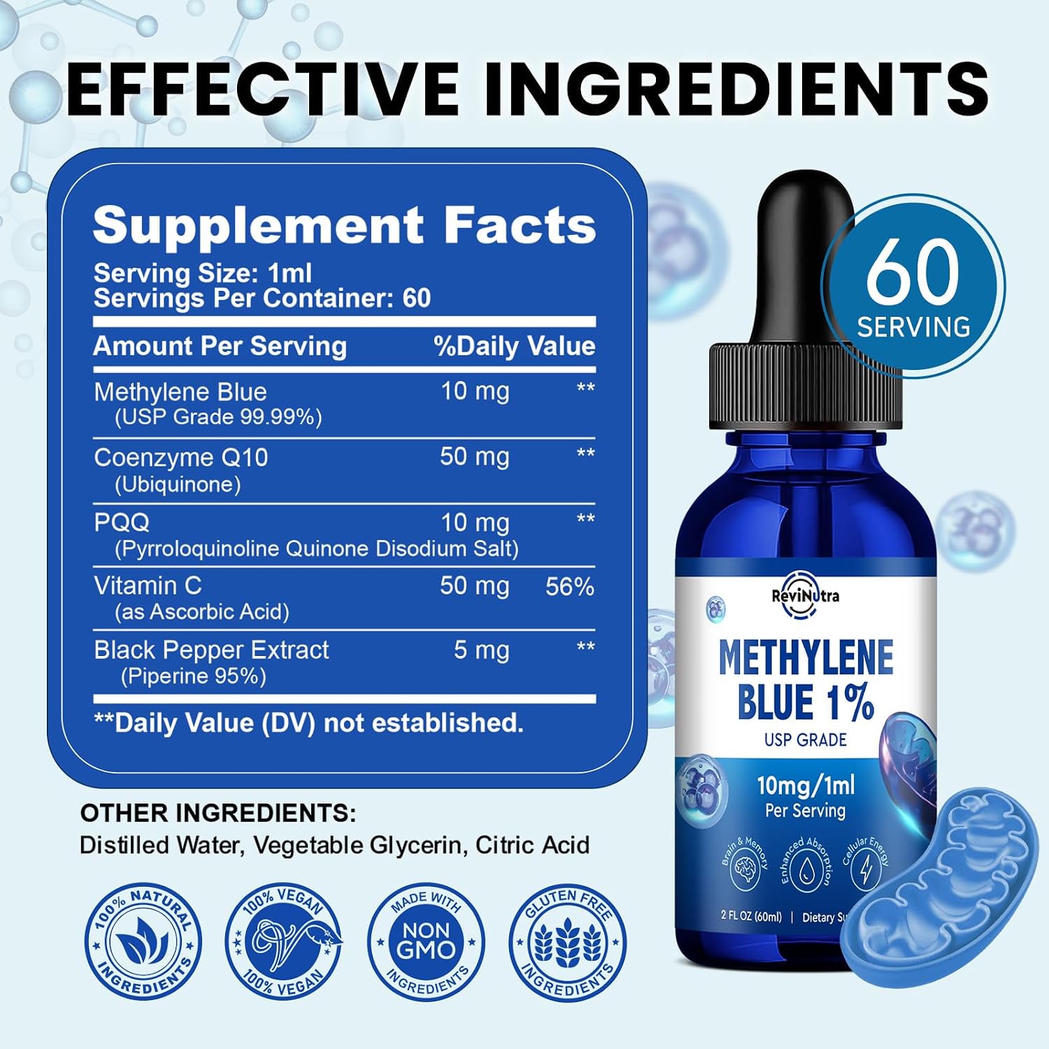 Gotas de Azul de Metileno, Grado Farmacéutico para Humanos, Suplemento Líquido para la Salud Cerebral con PQQ, CoQ10, Vitamina C, Extracto de Pimienta Negra para Apoyo Cognitivo, Grado USP 1%, 60 ml