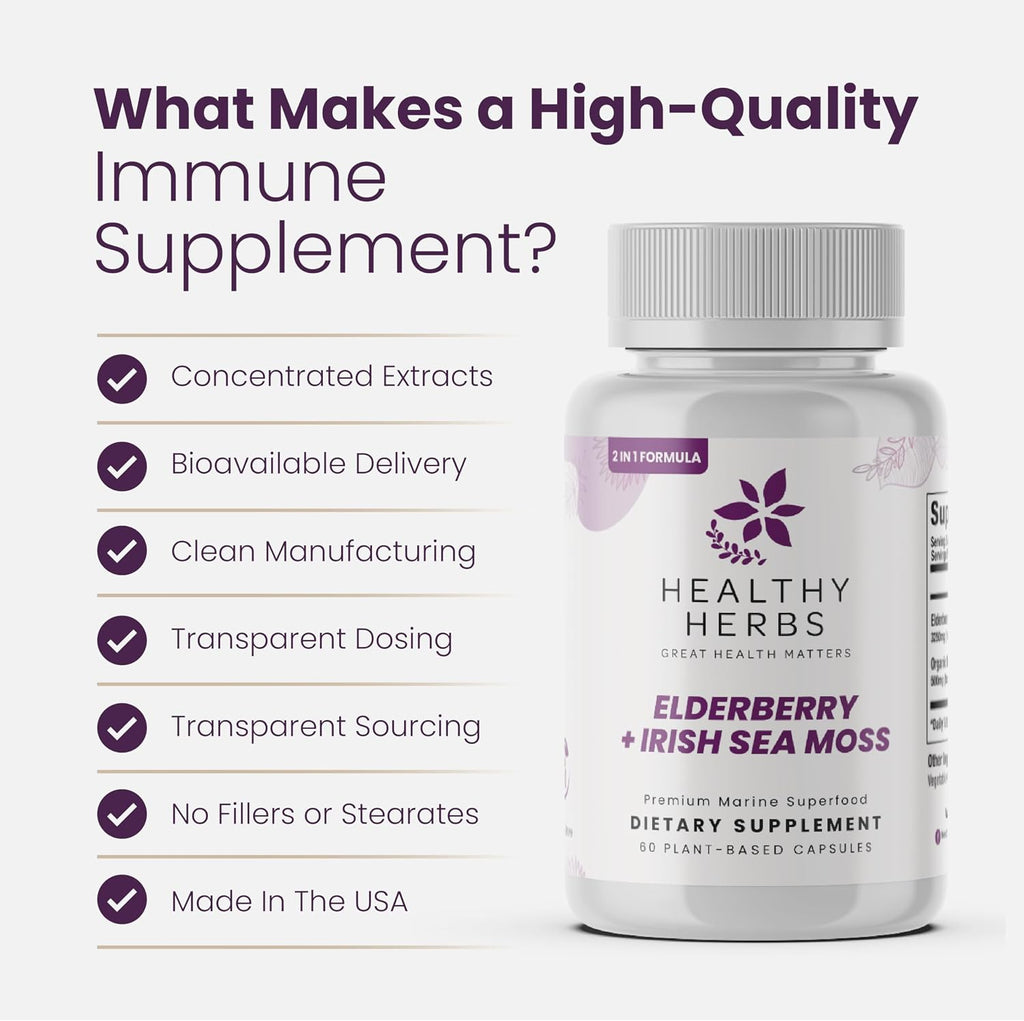 Healthy Herbs Wildcrafted Elderberry Sea Moss Capsules | 2600mg Irish Sea Moss + Elderberry | Vegano, No-GMO (60 Cápsulas)