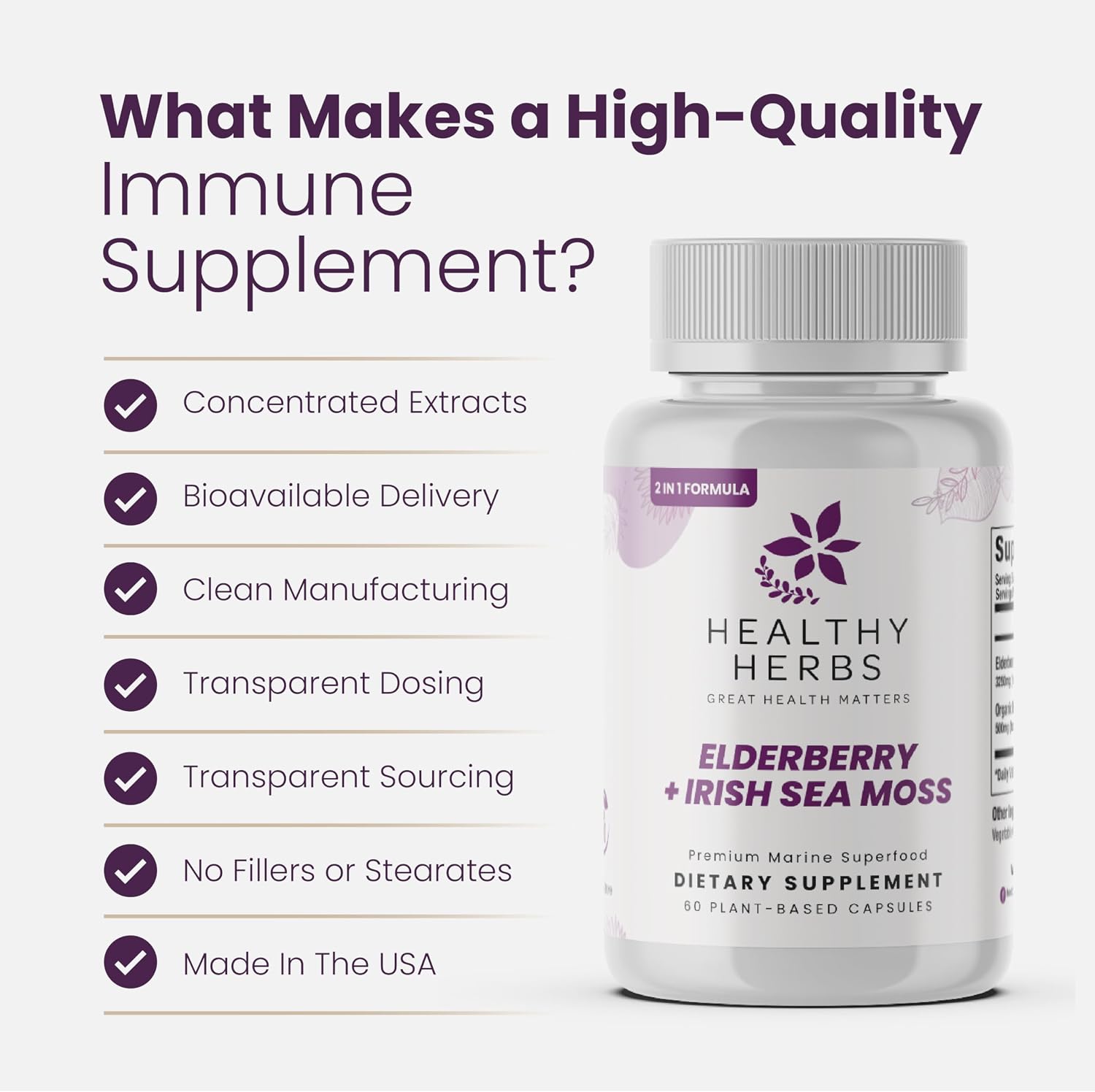 Healthy Herbs Wildcrafted Elderberry Sea Moss Capsules | 2600mg Irish Sea Moss + Elderberry | Vegano, No-GMO (60 Cápsulas)