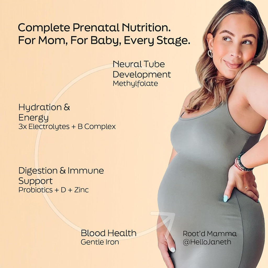 Root'd Multivitamínico Prenatal en Polvo - 25 Nutrientes con 3X Electrolitos, Folato, Hierro, D3, Superalimentos y Probióticos | 24 Sobres