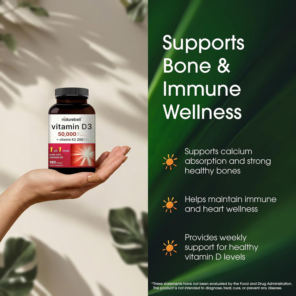 NatureBell Vitamina D3 50.000 UI con Vitamina K2 200 mcg - 180 Cápsulas Blandas