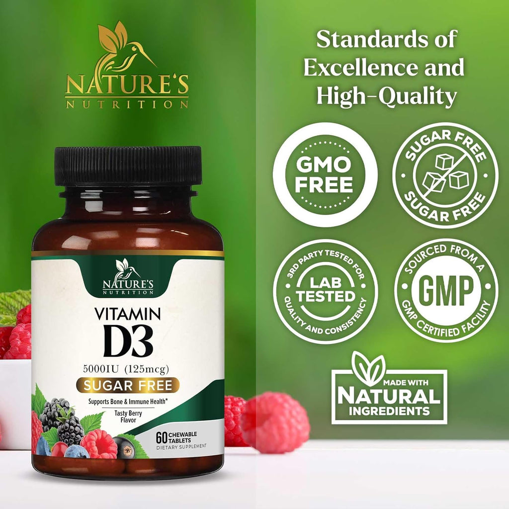 Vitamina D3 5000 UI (125 mcg) por Dosis - Comprimidos Masticables Extra Fuertes sin Azúcar - Apoyo Inmunitario, Huesos, Dientes y Músculos - Sin Gluten - 60 Comprimidos