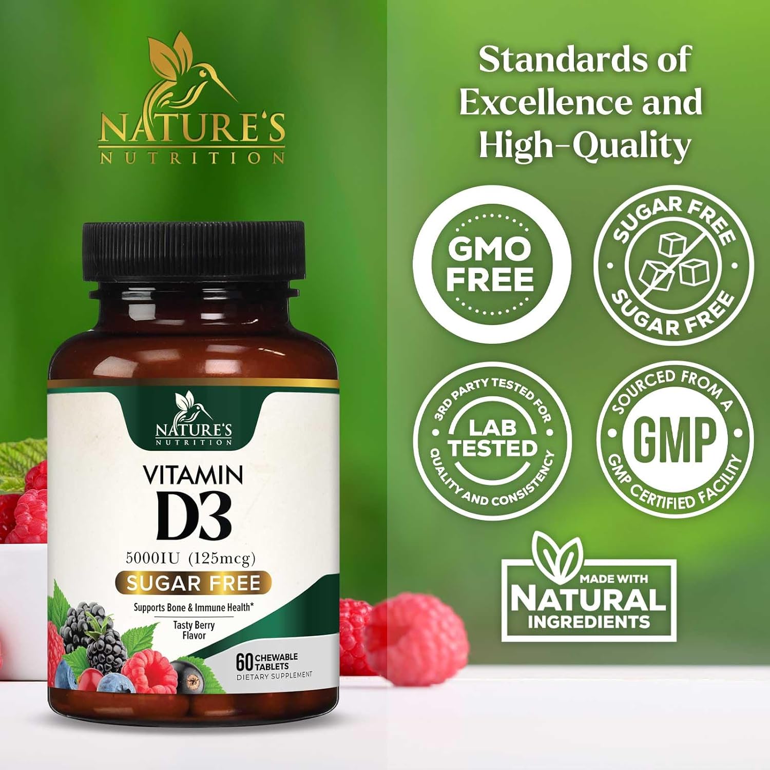 Vitamina D3 5000 UI (125 mcg) por Dosis - Comprimidos Masticables Extra Fuertes sin Azúcar - Apoyo Inmunitario, Huesos, Dientes y Músculos - Sin Gluten - 60 Comprimidos