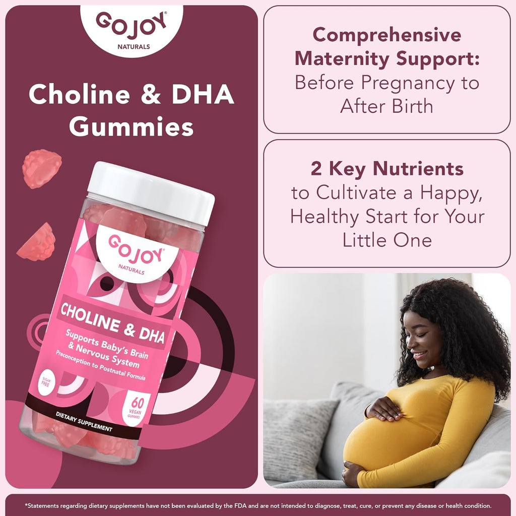 GOJOY NATURALS Gominolas prenatales con colina y DHA - Para preconcepción, embarazo y posparto - Colina bitartrato 250mg + DHA 150mg - Vegano, sin azúcar, no GMO
