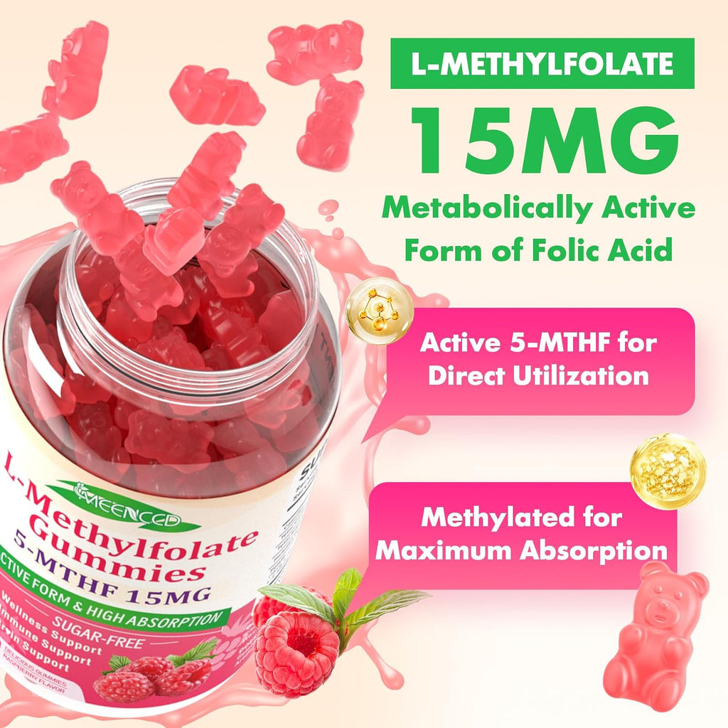 MEENCCD 2 Pack L-Methylfolate Gummies, Methylfolate Supplement, 5-MTHF Supplement - Active 5-MTHF - Supports Overall Wellness, Vegan, Raspberry Flavor, 120 Count