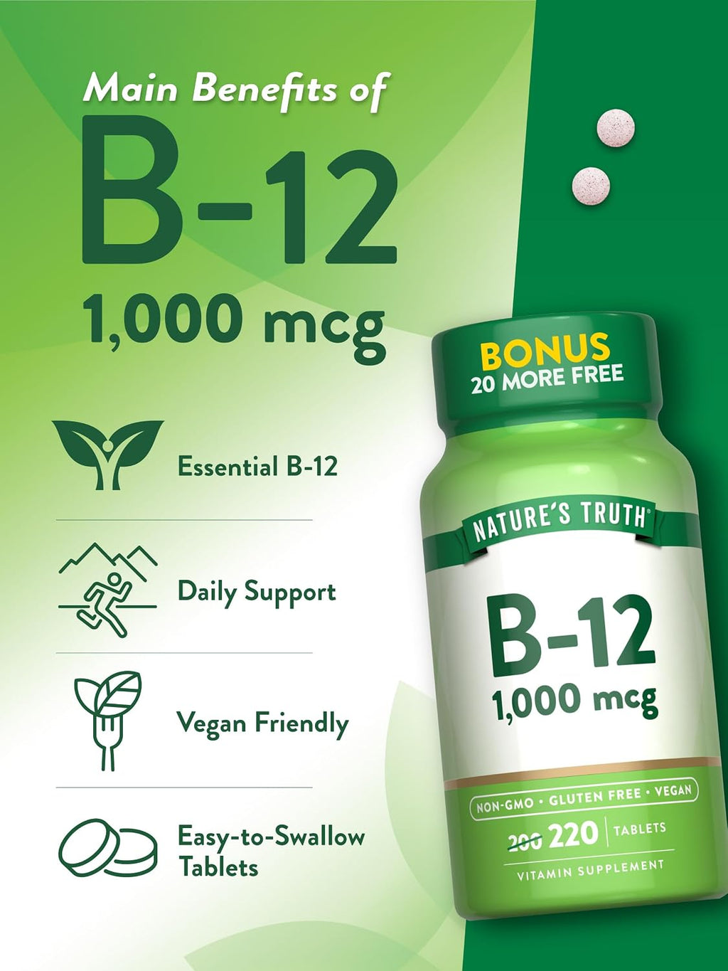 Vitamina B12 1000 mcg – 220 Comprimidos Veganos – Nature's Truth