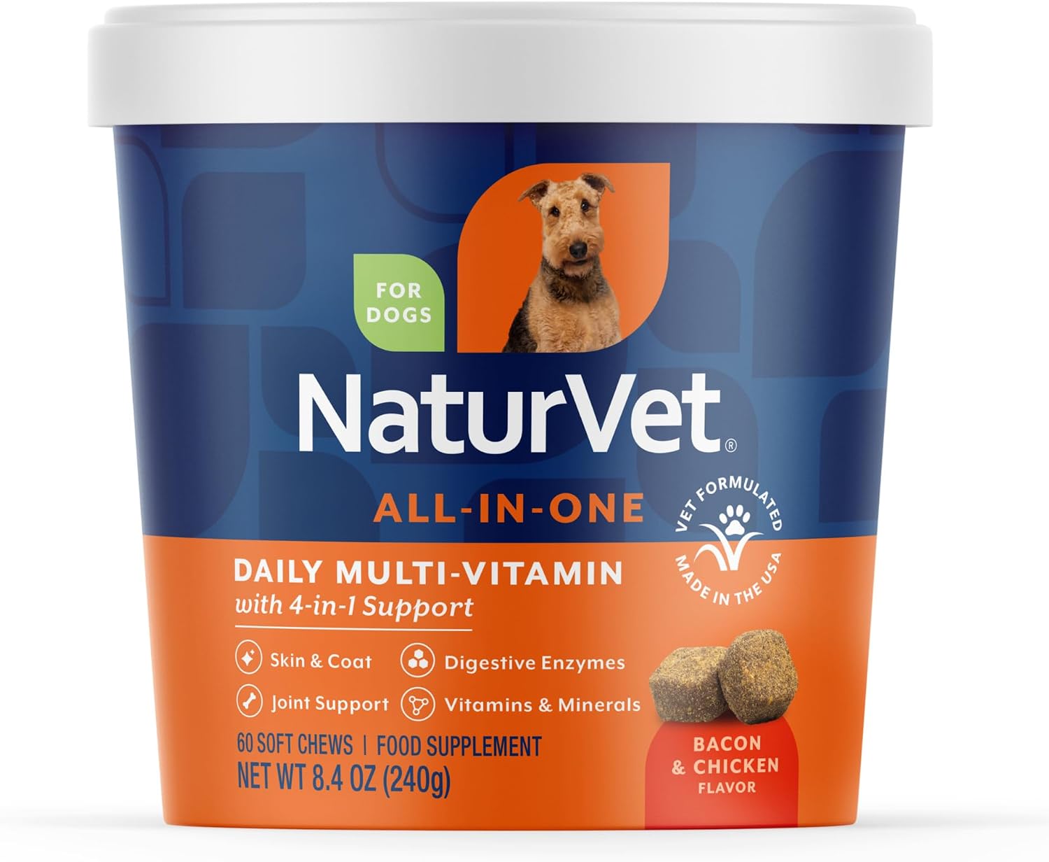 NaturVet Suplemento Todo en Uno para Perros - Articulaciones, Digestión, Piel y Pelaje - Multivitamínico con Minerales, Omega 3, 6, 9 - 60 Masticables Blandos