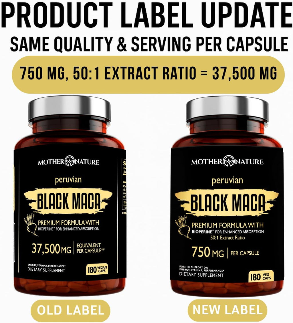 MNO Maca Negra Orgánica 750mg + BioPerine, 180 Cápsulas
