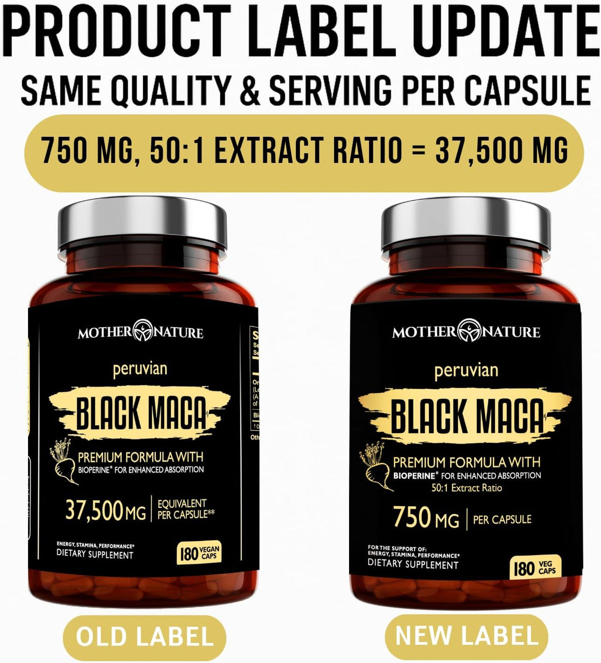 MNO Maca Negra Orgánica 750mg + BioPerine, 180 Cápsulas – Image 2