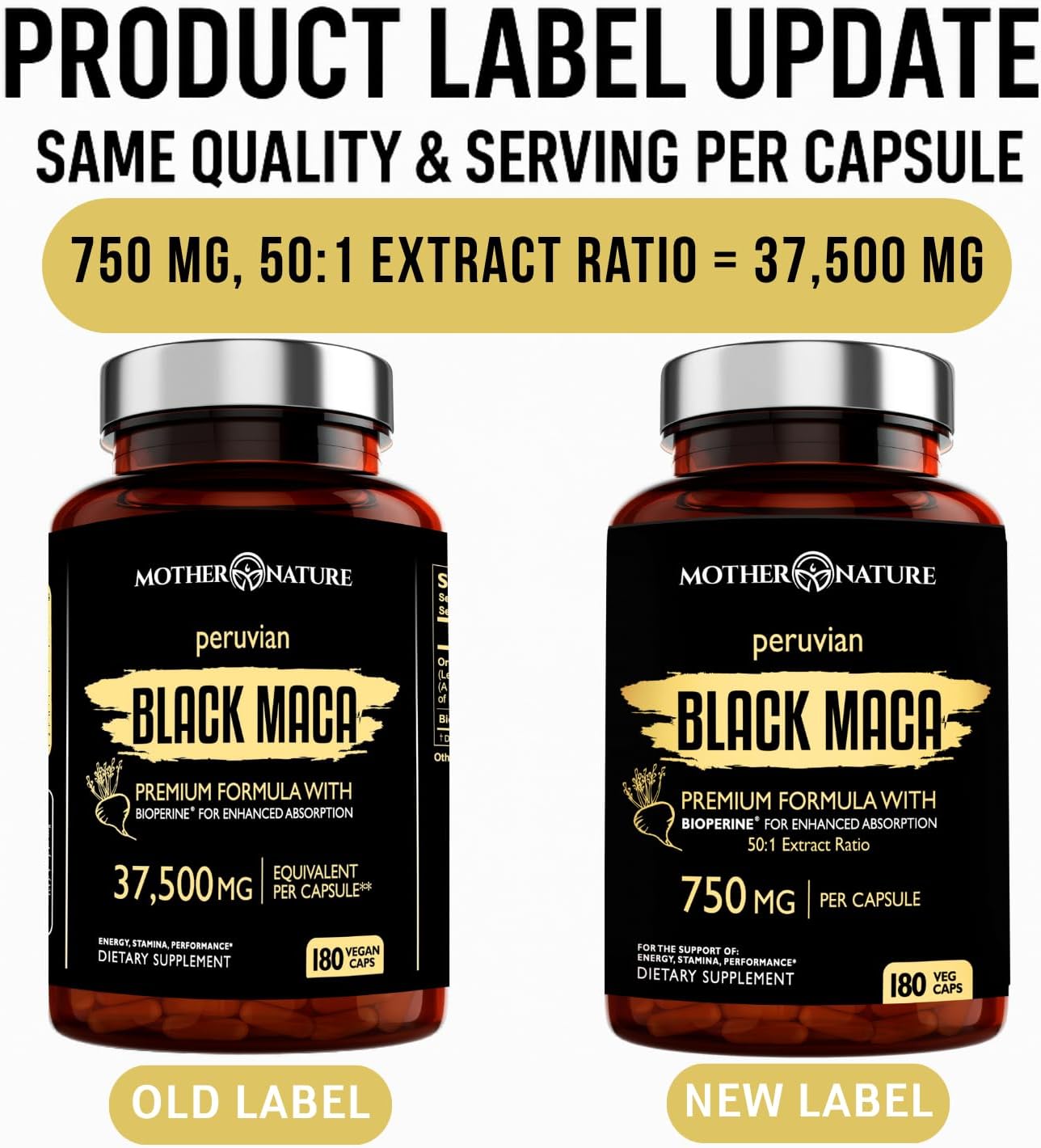 MNO Maca Negra Orgánica 750mg + BioPerine, 180 Cápsulas