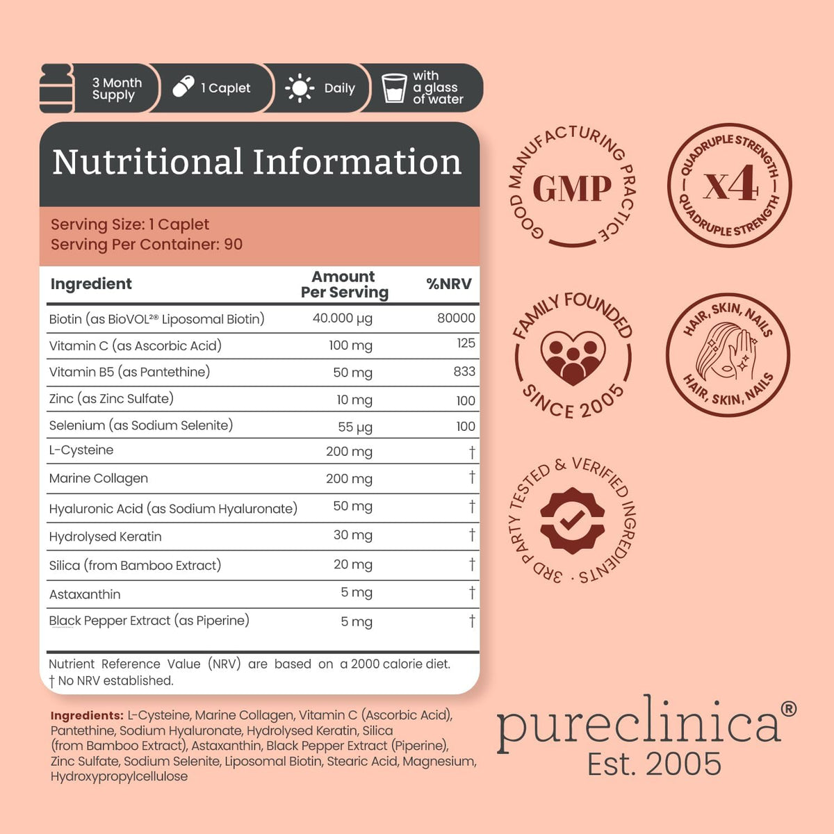 pureclinica Biotina 400% Potencia 40.000mcg – La biotina contribuye al funcionamiento normal del sistema nervioso. – Image 2