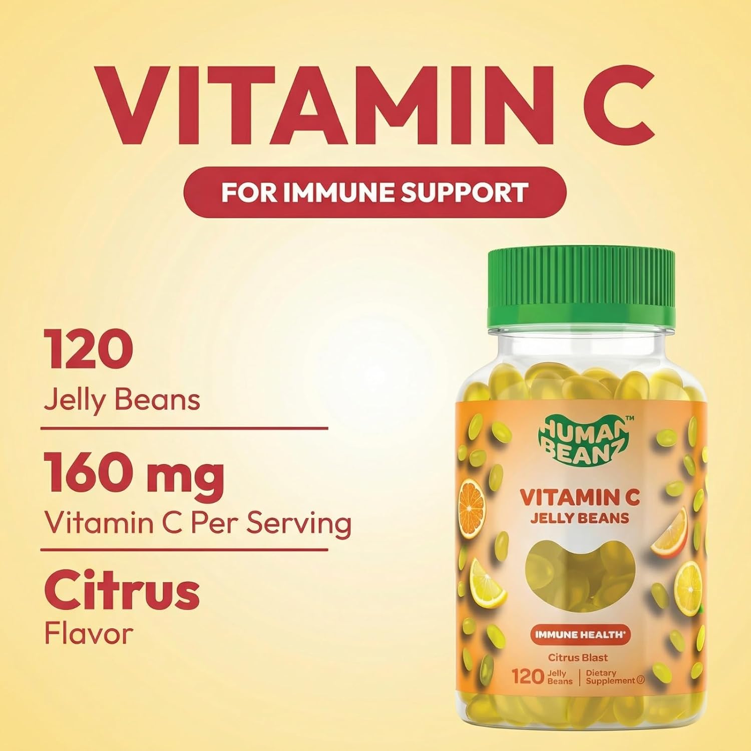 Human Beanz Vitamin C Jelly Bean Gummies | 120 Gomitas de Vitamina C Sabor Citrus Blast | Vegetariano, Kosher