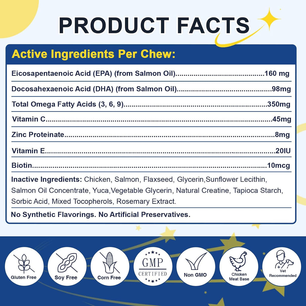 SHINEPAWS Omega 3 para Perros, Masticables de Aceite de Salmón con Omega 3 6 9 (EPA+DHA), Zinc, Biotina y Vitaminas E y C - 120 unidades, Sabor Pollo